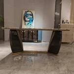 Natural White Marble Dining Table with Dark Brown Veining & Sculptural Dual-Pillar Base